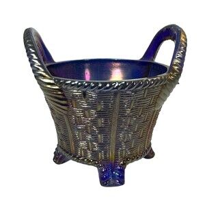 Northwood Cobalt Blue Carnival Glass Double Handled Bushel Basket